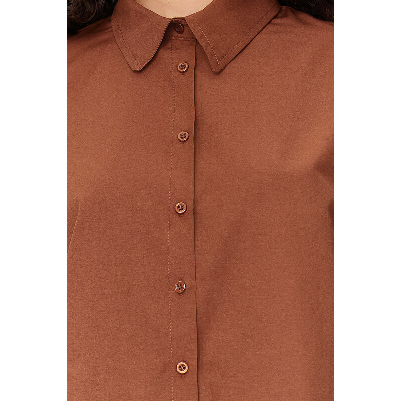 Trendyol Dark Brown Balloon Sleeve Cotton Woven Shirt