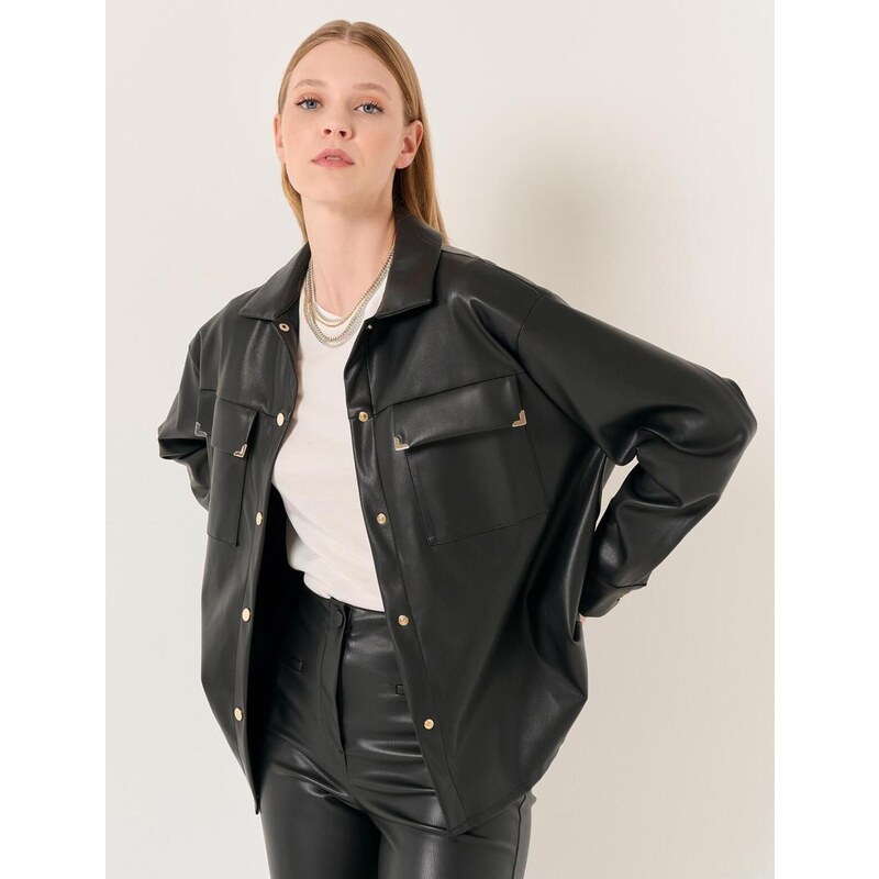 Jimmy Key Black Long Sleeve Stylish Leather Shirt Jacket