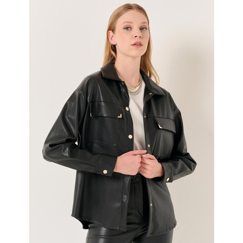 Jimmy Key Black Long Sleeve Stylish Leather Shirt Jacket