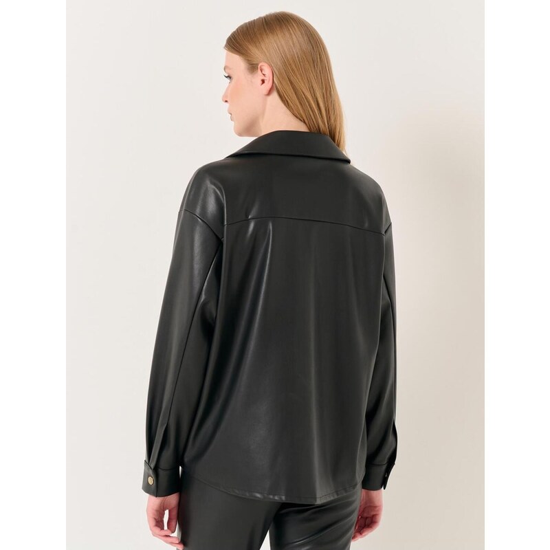 Jimmy Key Black Long Sleeve Stylish Leather Shirt Jacket