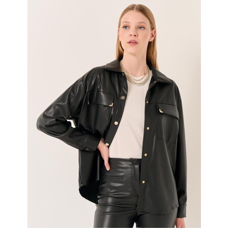 Jimmy Key Black Long Sleeve Stylish Leather Shirt Jacket