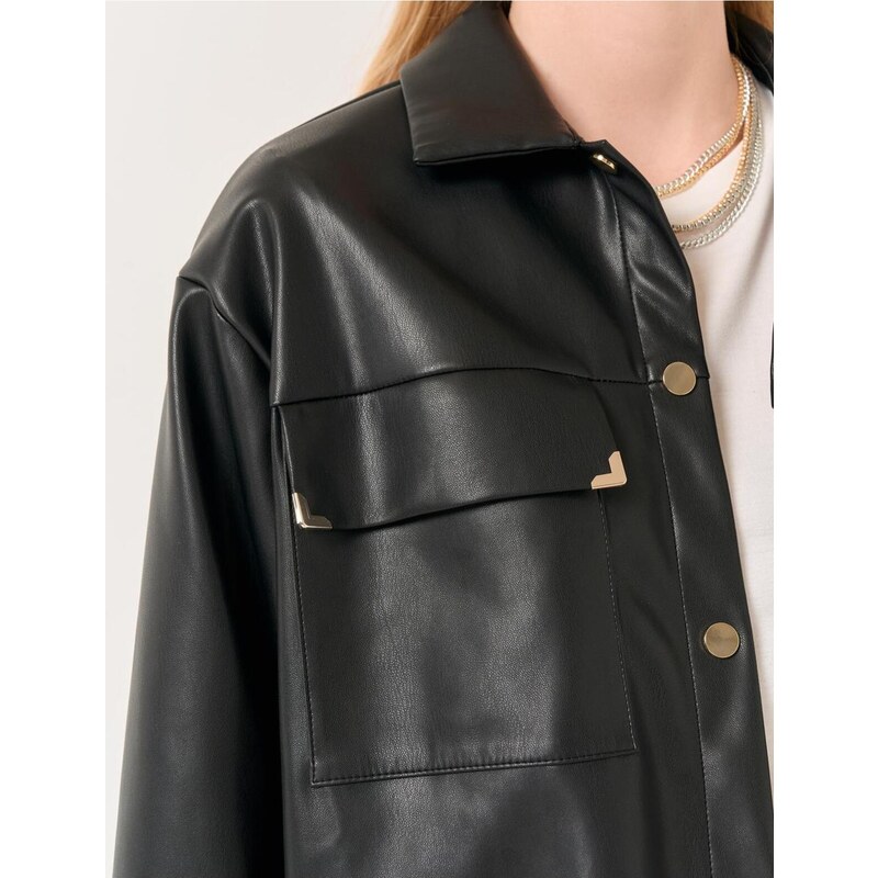 Jimmy Key Black Long Sleeve Stylish Leather Shirt Jacket