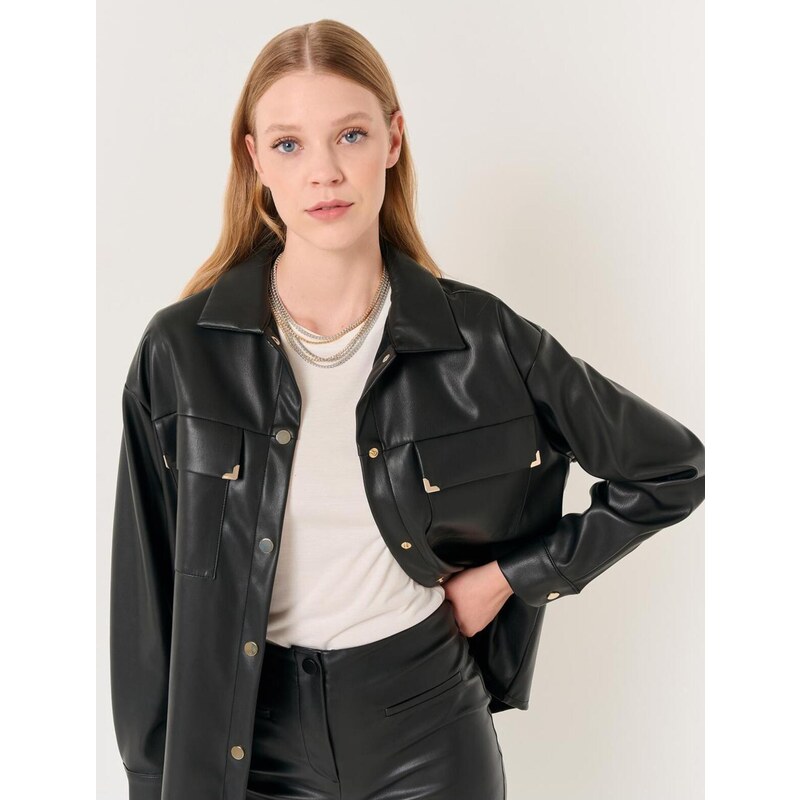 Jimmy Key Black Long Sleeve Stylish Leather Shirt Jacket