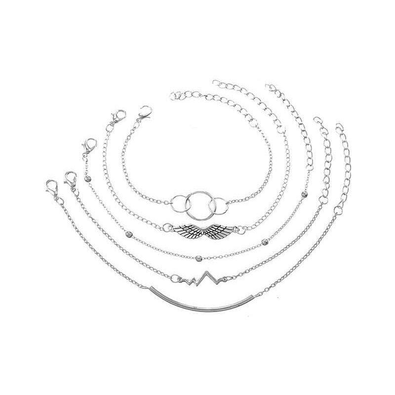 Camerazar Sada 5 Náramků Kruhy Kola Křídla, Stříbrná, Bižuterní Kov, Délka 16-17 cm + 5 cm Prodloužení