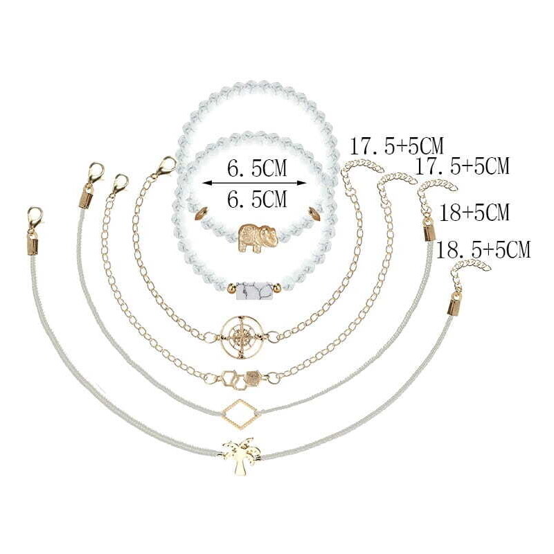Camerazar Sada 6 Zlatých Náramků se Sloní Dlaní, Krémové, Bižuterní Kov a Korálky, Délka 15-18 cm + 5 cm Prodloužení