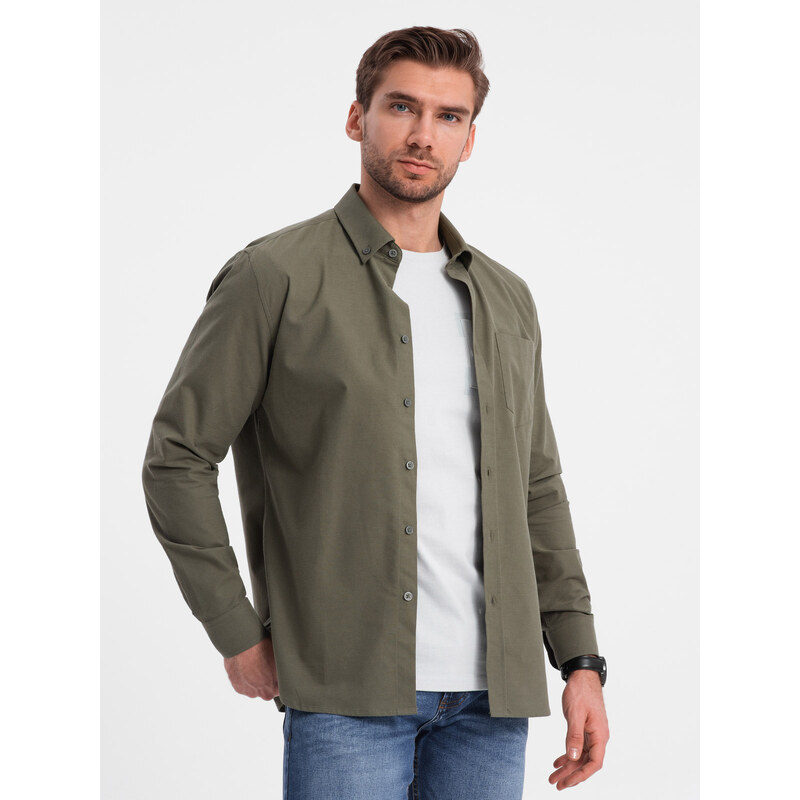 Ombre Clothing Pánská bavlněná košile REGULAR FIT s kapsou - khaki V4 OM-SHOS-0153
