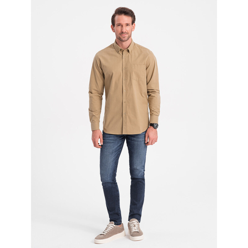 Ombre Men's REGILAR FIT cotton shirt with pocket - light brown