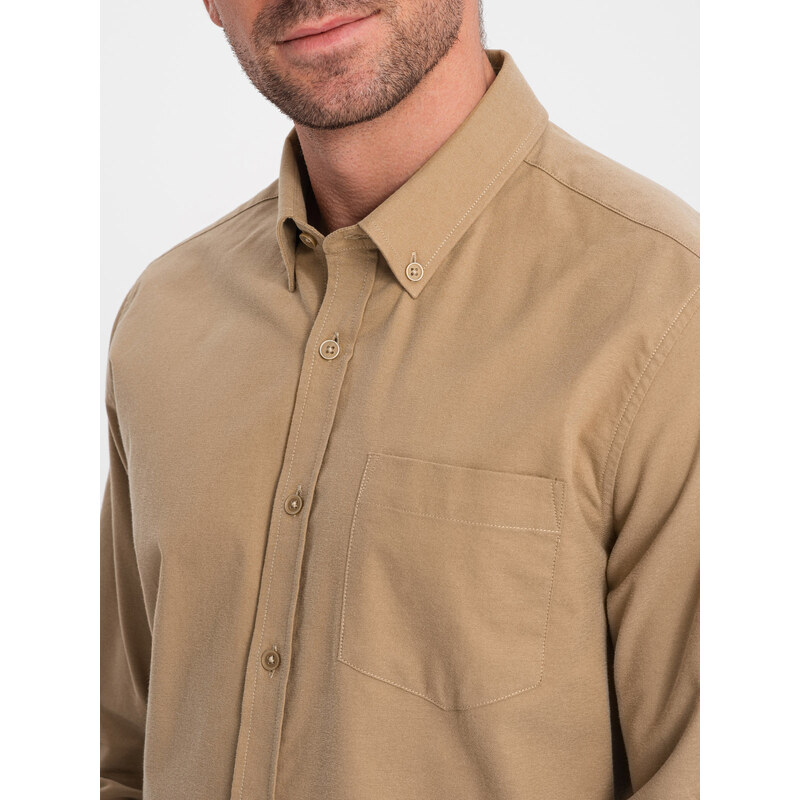 Ombre Men's REGILAR FIT cotton shirt with pocket - light brown