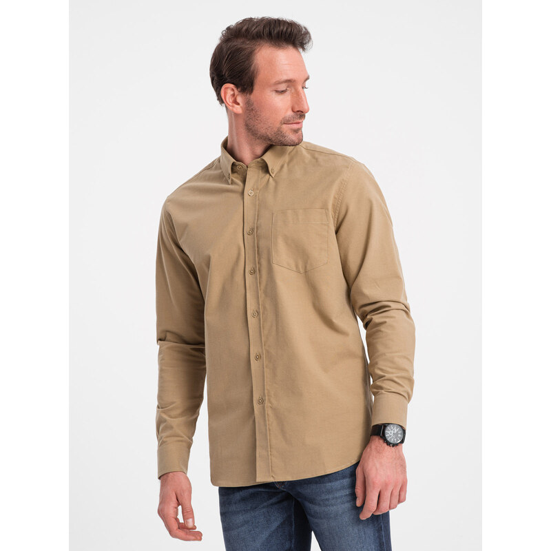 Ombre Men's REGILAR FIT cotton shirt with pocket - light brown