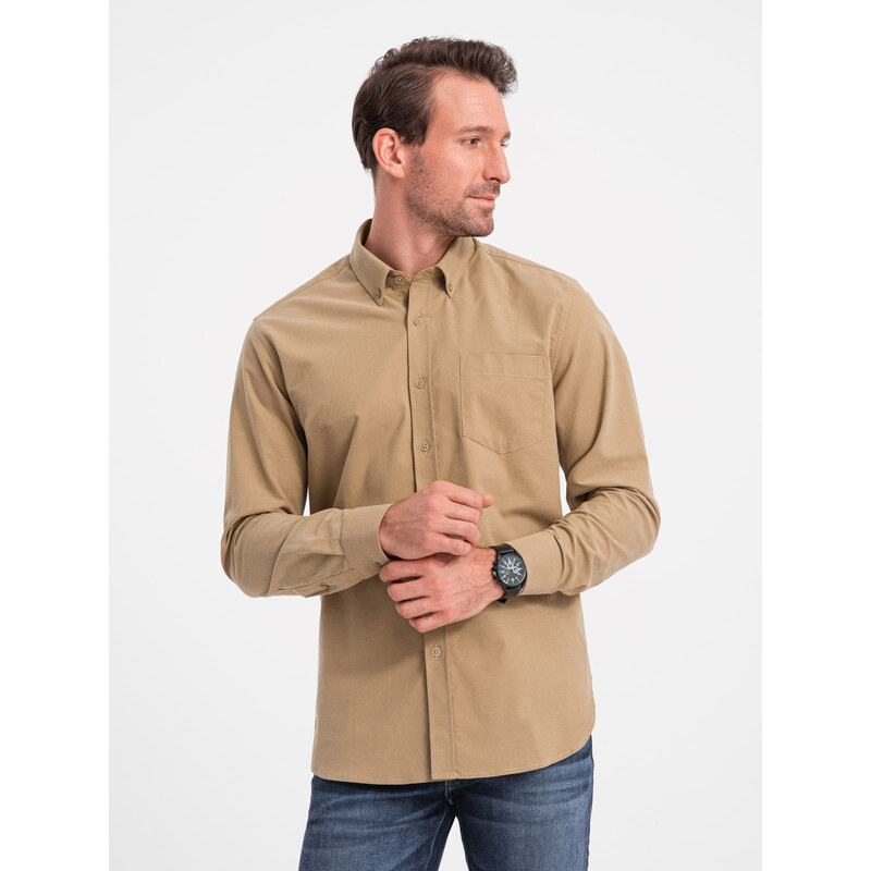 Ombre Men's REGILAR FIT cotton shirt with pocket - light brown