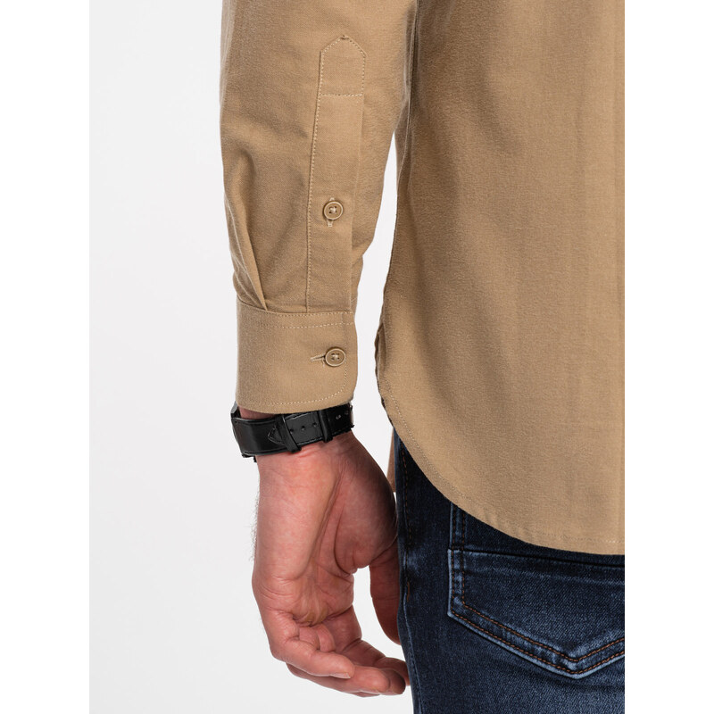 Ombre Men's REGILAR FIT cotton shirt with pocket - light brown