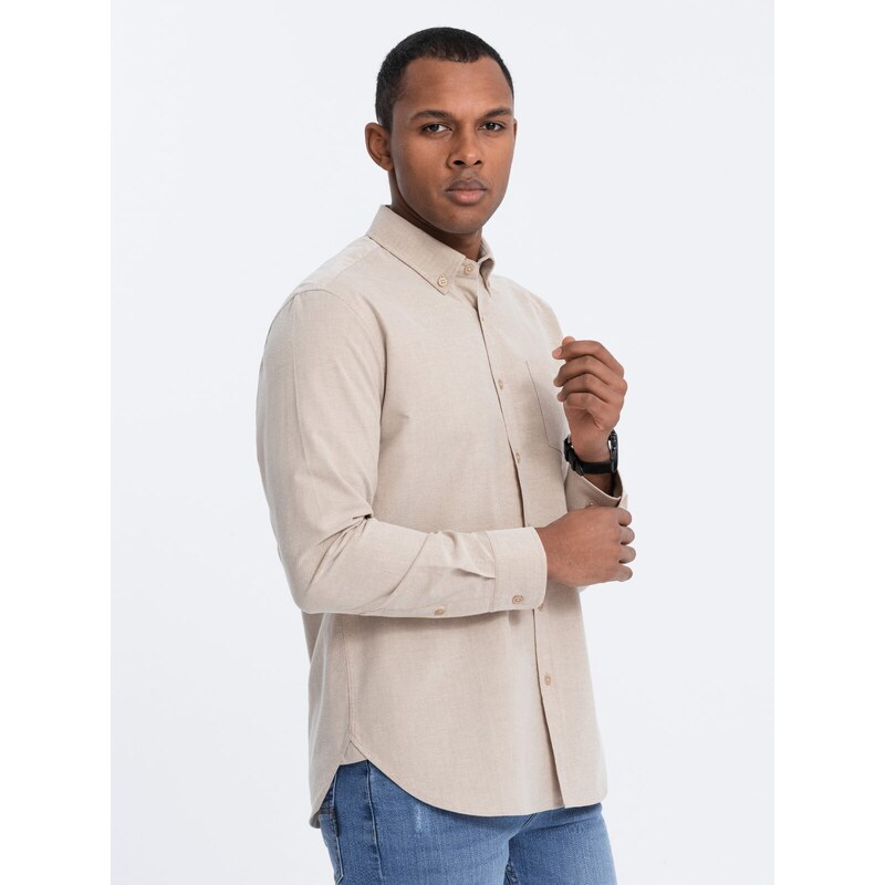 Ombre Men's REGILAR FIT cotton shirt with pocket - beige