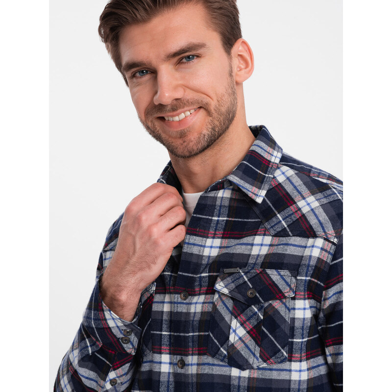 Ombre Clothing Pánská kostkovaná flanelová košile s kapsami - tmavě modrá a červená V2 OM-SHCS-0149
