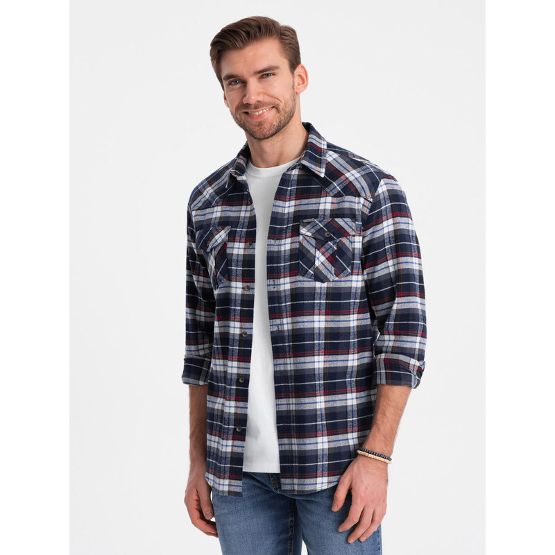 Ombre Men's checkered flannel shirt with pockets - navy blue and red