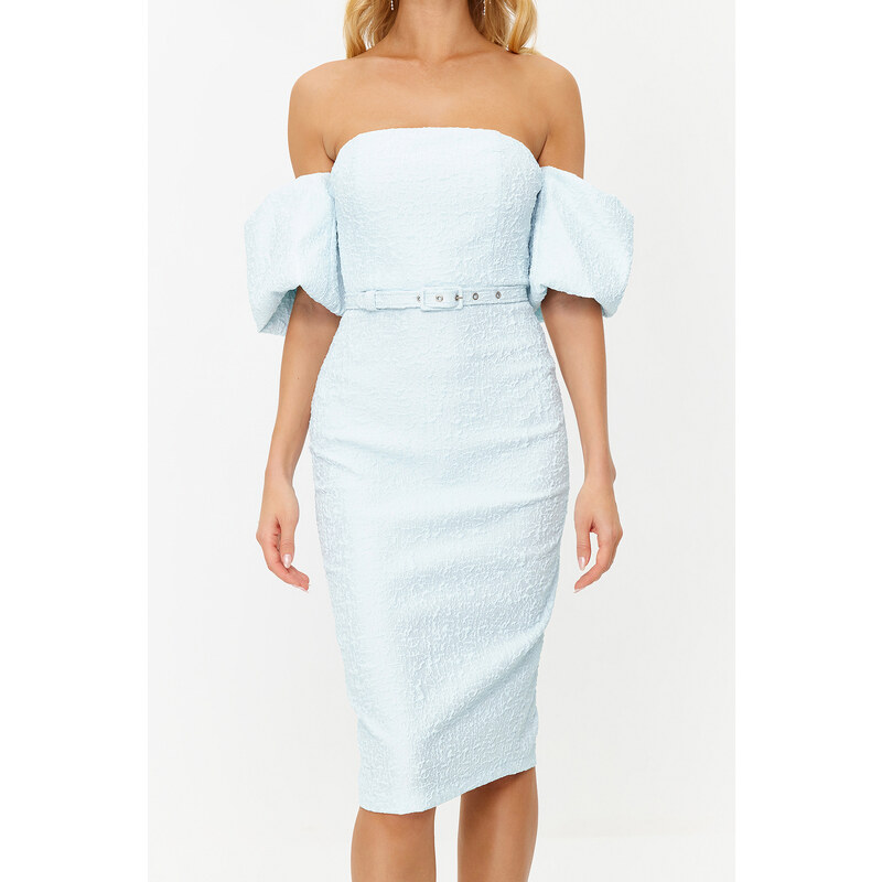 Trendyol Light Blue Belted Lined Textured Woven Self Patterned Elegant Evening Dress