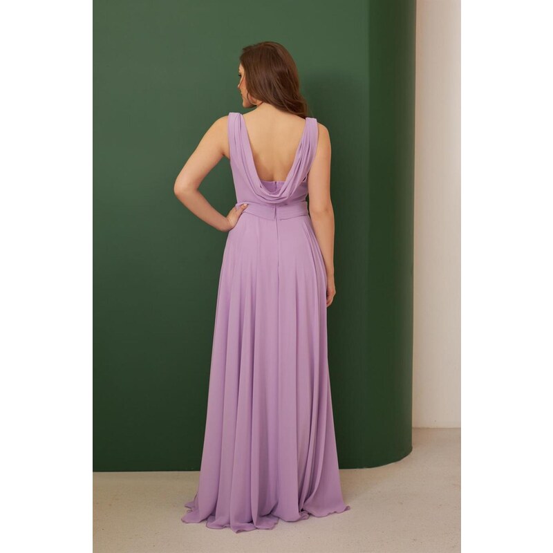 Carmen Lilac Chiffon Degajee Neck Long Evening Dress And Invitation Dress