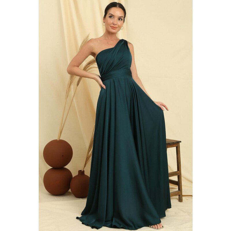 By Saygı One-Shoulder Crepe Satin Dress with Draping and Linen, Wide Body space