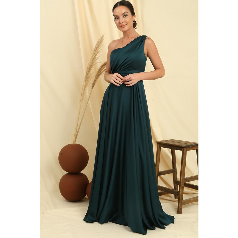 By Saygı One-Shoulder Crepe Satin Dress with Draping and Linen, Wide Body space