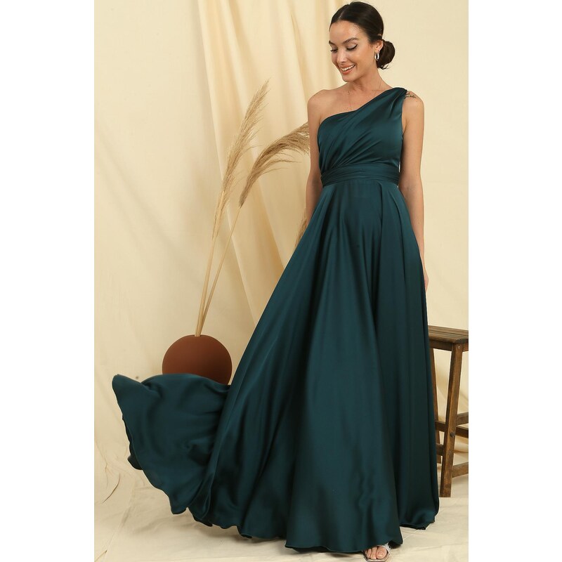 By Saygı One-Shoulder Crepe Satin Dress with Draping and Linen, Wide Body space