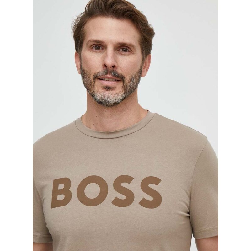 Boss Orange Bavlněné tričko BOSS BOSS CASUAL hnědá barva, s potiskem