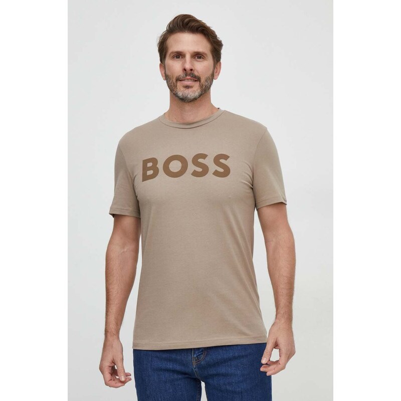 Boss Orange Bavlněné tričko BOSS BOSS CASUAL hnědá barva, s potiskem