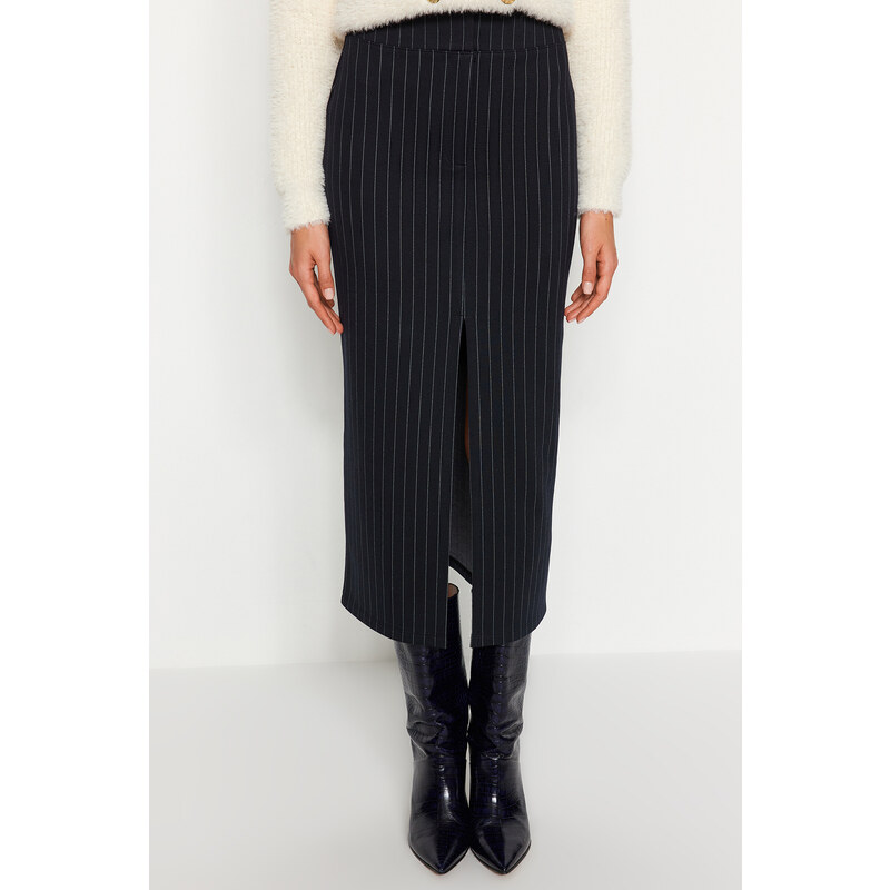 Trendyol Navy Blue Striped Slit Detailed High Waist Maxi Knitted Skirt