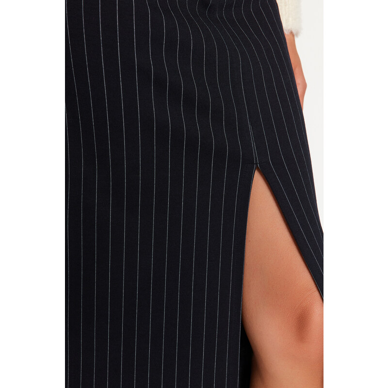 Trendyol Navy Blue Striped Slit Detailed High Waist Maxi Knitted Skirt