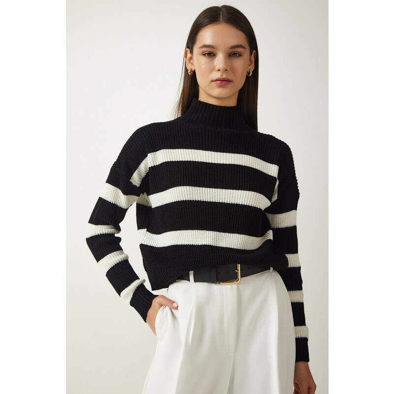 Happiness İstanbul Women's Black High Neck Striped Knitwear Sweater