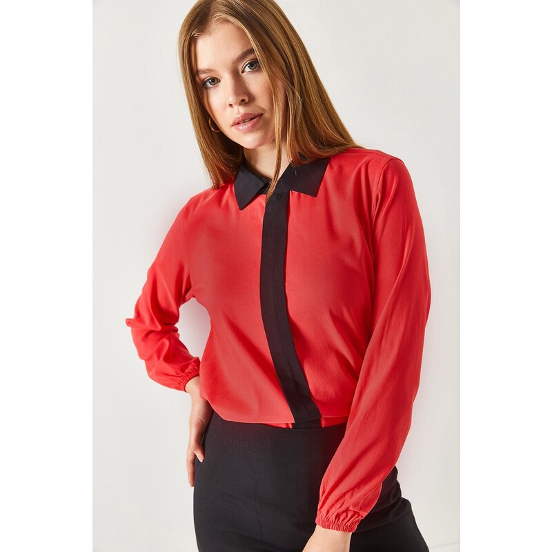 armonika Women's Coral Striped Shirt Collar With Elastic Sleeves