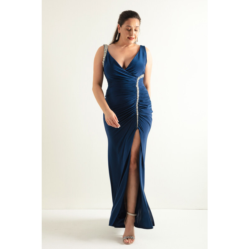 Lafaba Women's Navy Blue Stone Strap Plus Size Long Evening Dress