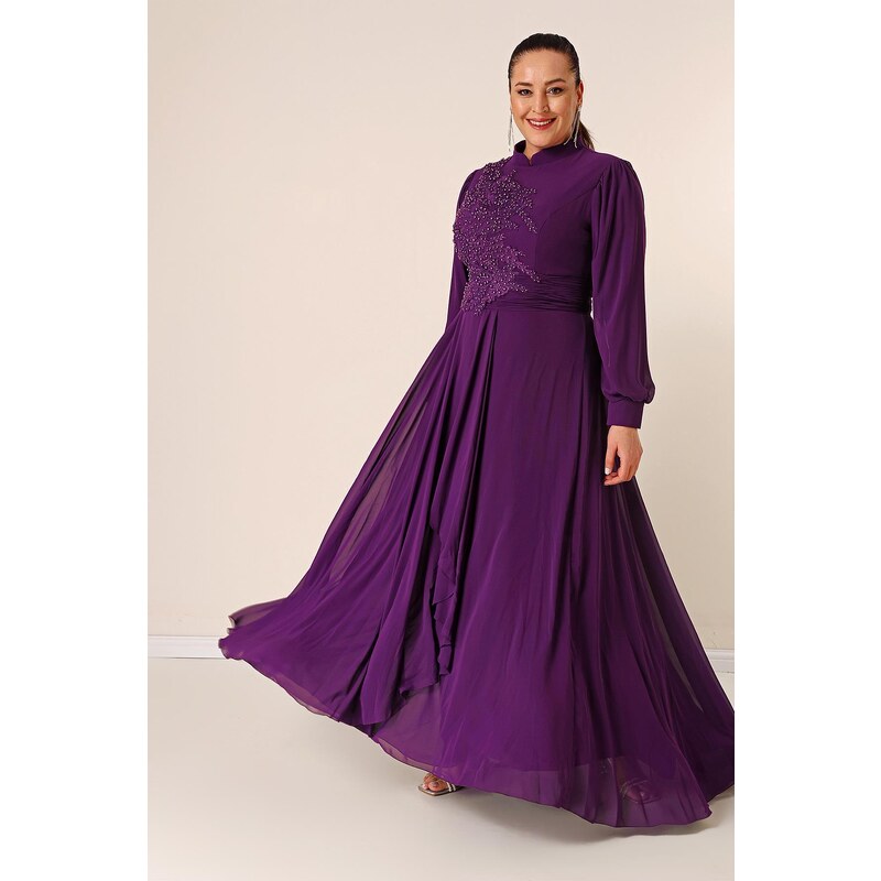 By Saygı Beaded Embroidered Lined Plus Size Long Chiffon Dress with Flounce on the Front