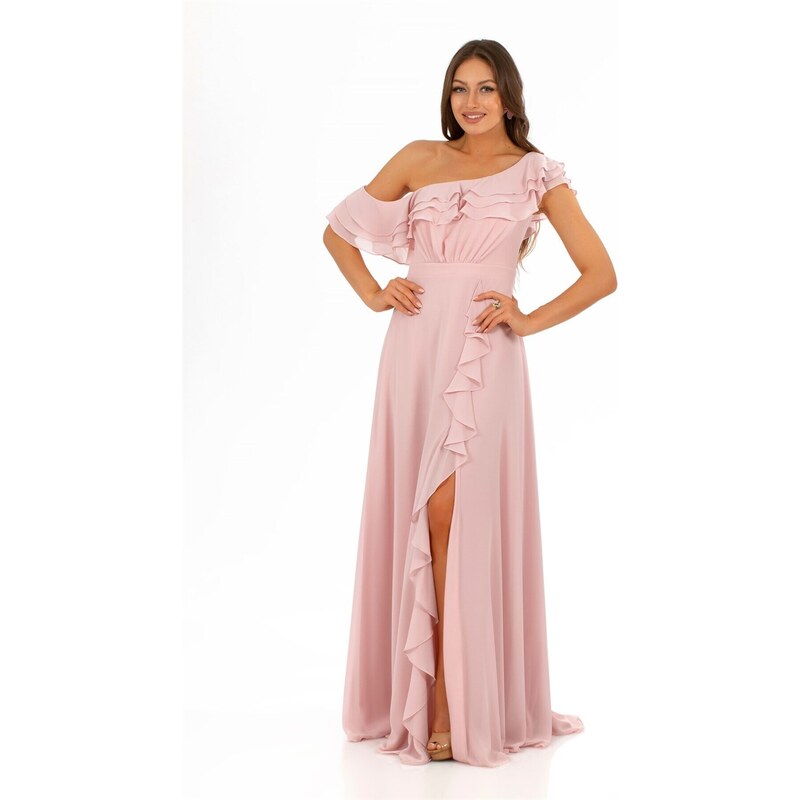 Carmen Powder Chiffon Off Shoulder Flounce Slit Evening Dress