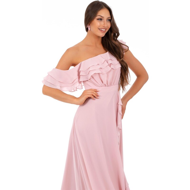 Carmen Powder Chiffon Off Shoulder Flounce Slit Evening Dress