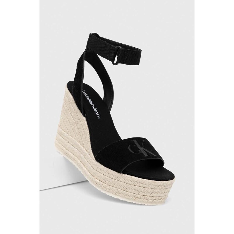 Semišové sandály Calvin Klein Jeans WEDGE SANDAL SU CON MG BTW dámské, černá barva, na platformě, YW0YW01026