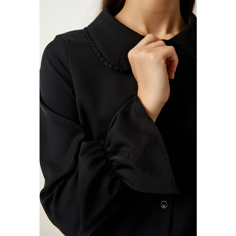 Happiness İstanbul Women's Black Gathered Sleeve Detailed Woven Shirt