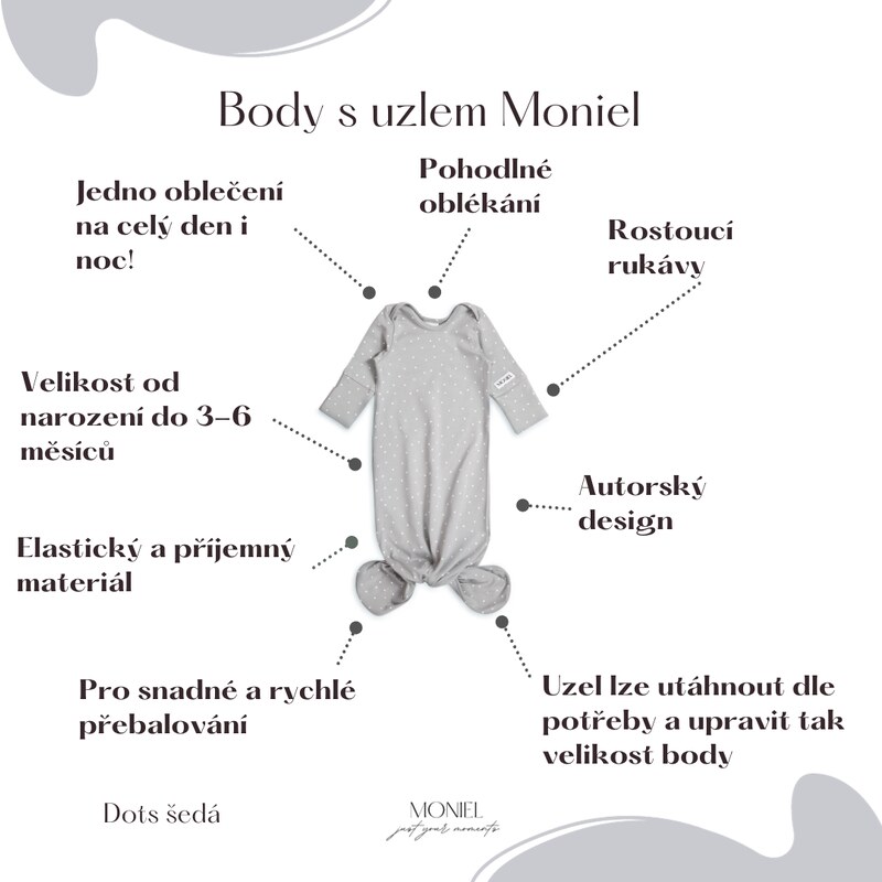 Moniel Novorozenecké body s uzlem Dots šedá