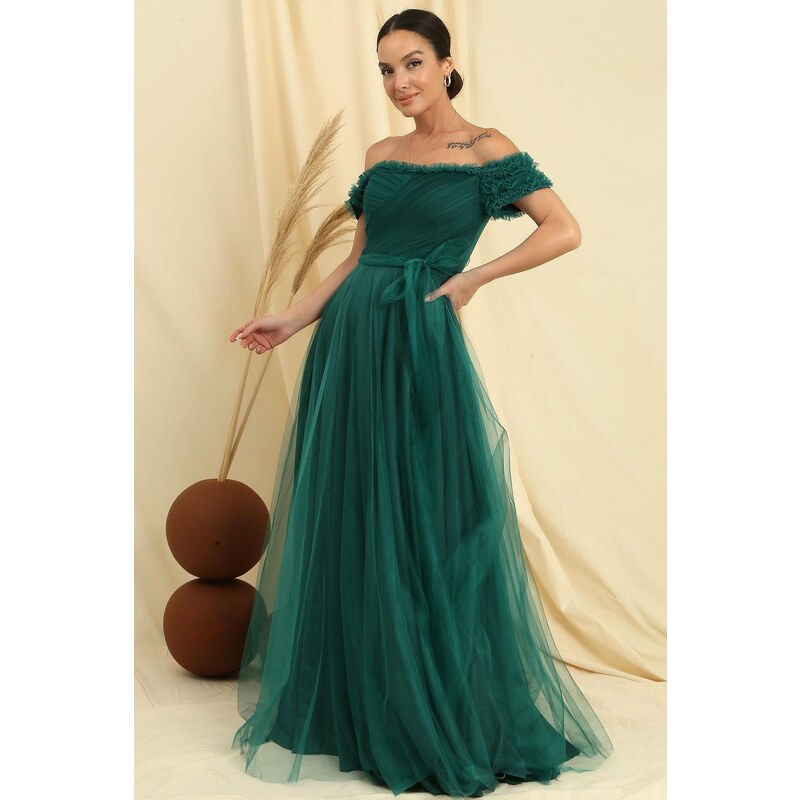 By Saygı Frilly Belted Collar And Sleeves Lined Long Tulle Dress