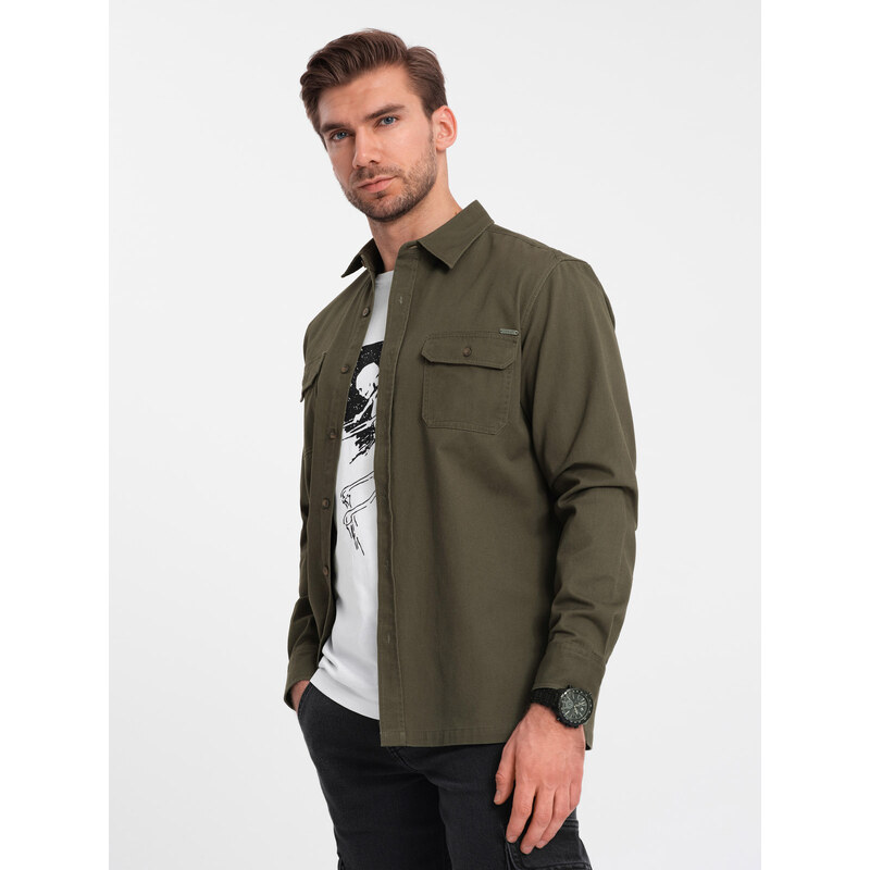 Ombre Clothing Pánská bavlněná košile REGULAR FIT s kapsami na knoflíky - olivová V4 OM-SHCS-0146