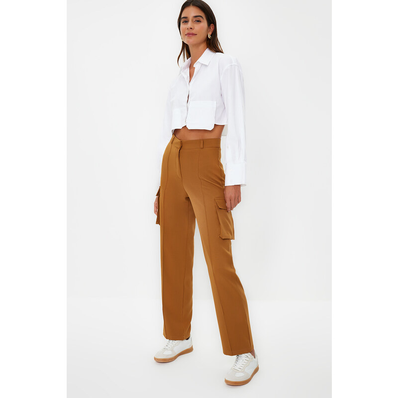 Trendyol Brown Cargo Straight/Straight Fit Woven Double Pocket Woven Trousers