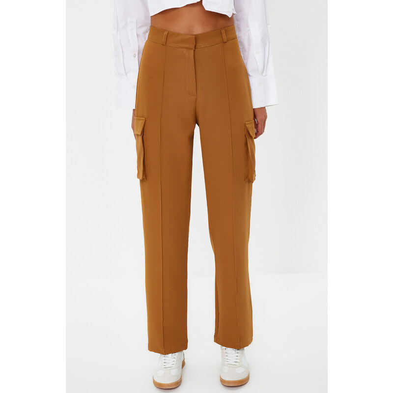 Trendyol Brown Cargo Straight/Straight Fit Woven Double Pocket Woven Trousers