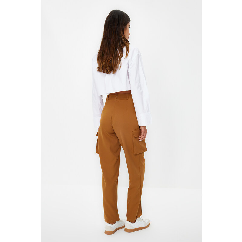 Trendyol Brown Cargo Straight/Straight Fit Woven Double Pocket Woven Trousers
