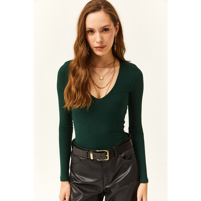 Olalook Women's Emerald Green Deep V-Neck Waistband Six Studs Lycra Bodysuit