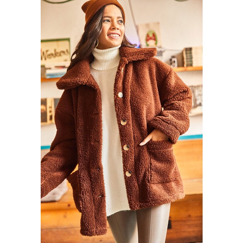 Olalook Women's Bitter Brown Buttons Unlined Oversized Plush Jacket with Pocket