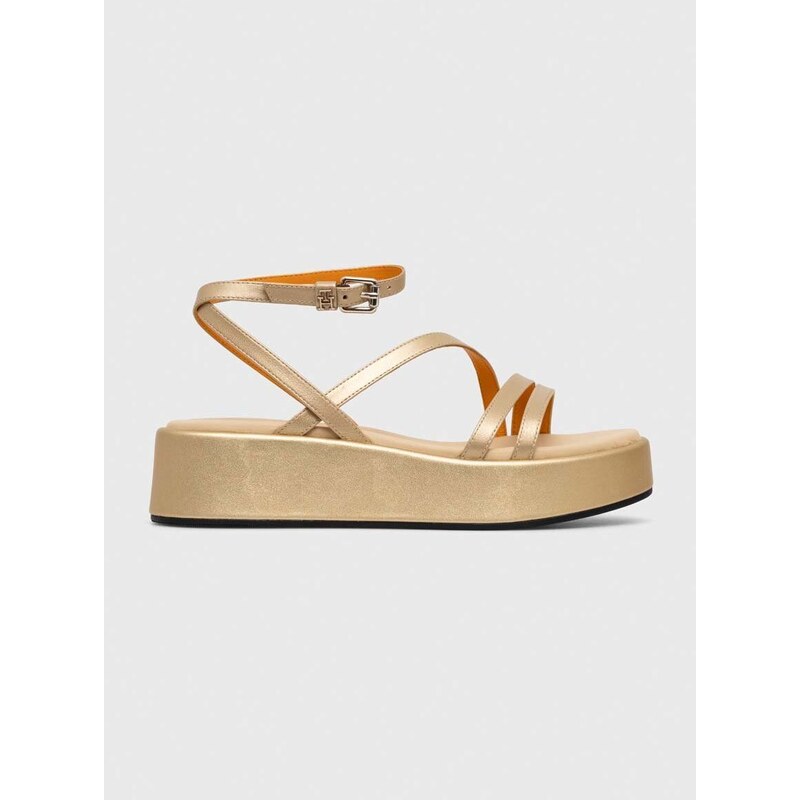 Kožené sandály Tommy Hilfiger TH STRAP GOLD PLATFORM dámské, zlatá barva, na platformě, FW0FW07729