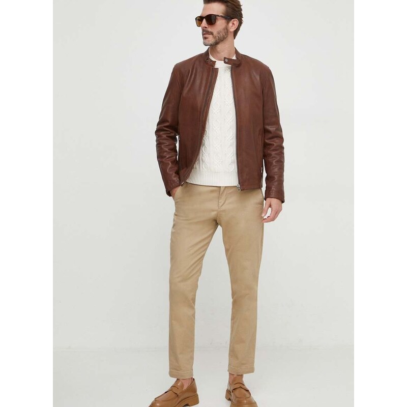 Kožená bunda Pepe Jeans pánská, hnědá barva, přechodná