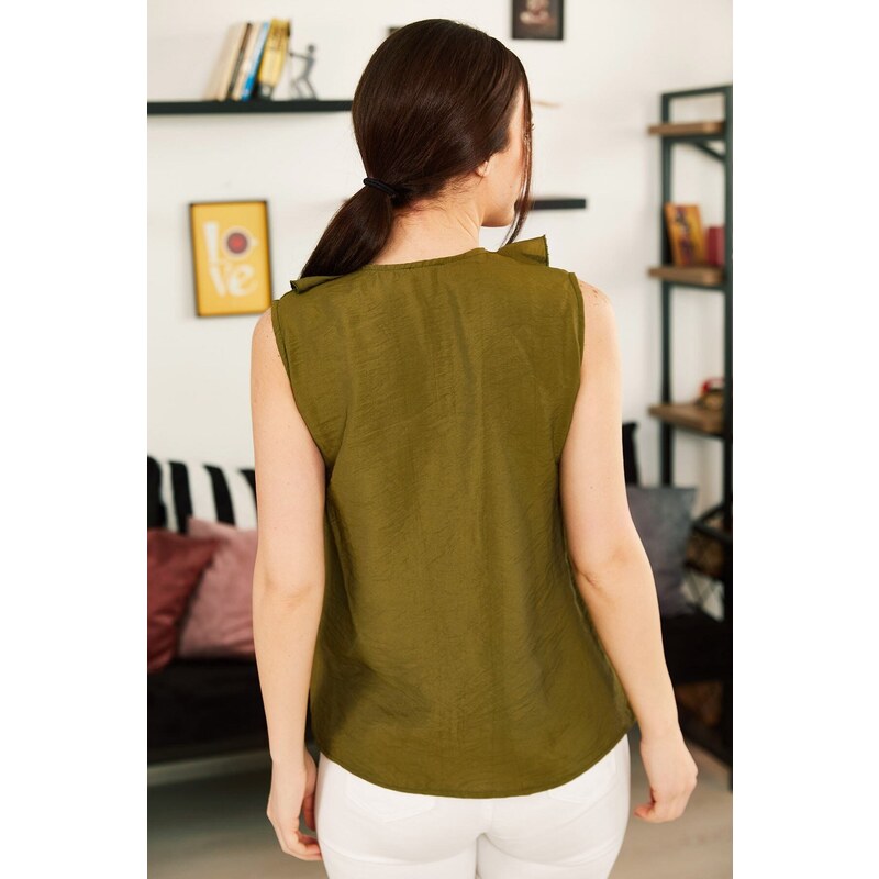 armonika Women's Khaki Collar Ruffled Tank Top