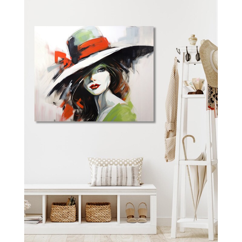ZUTY Obrazy na stěnu - Dívka v klobouku s červenou mašlí Rozměr: 40x50 cm, Rámování: bez rámu a bez vypnutí plátna