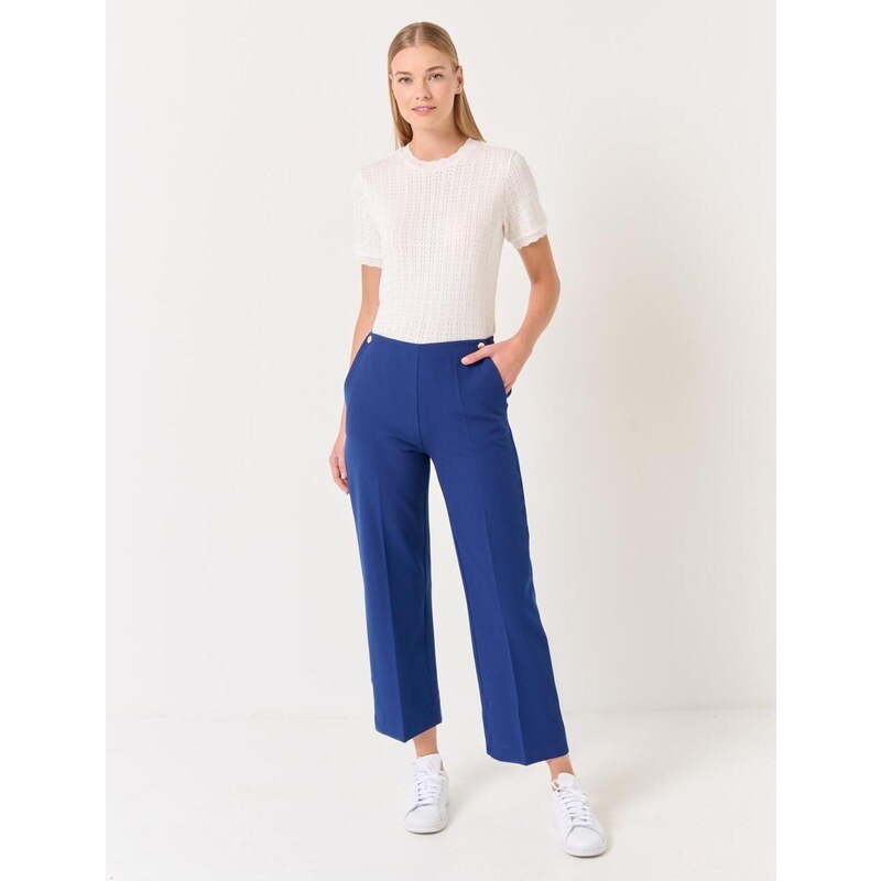 Jimmy Key Navy Blue High Waist Straight Woven Trousers with Pockets