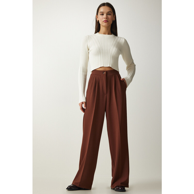 Happiness İstanbul Women's Brown Pleated Palazzo Trousers