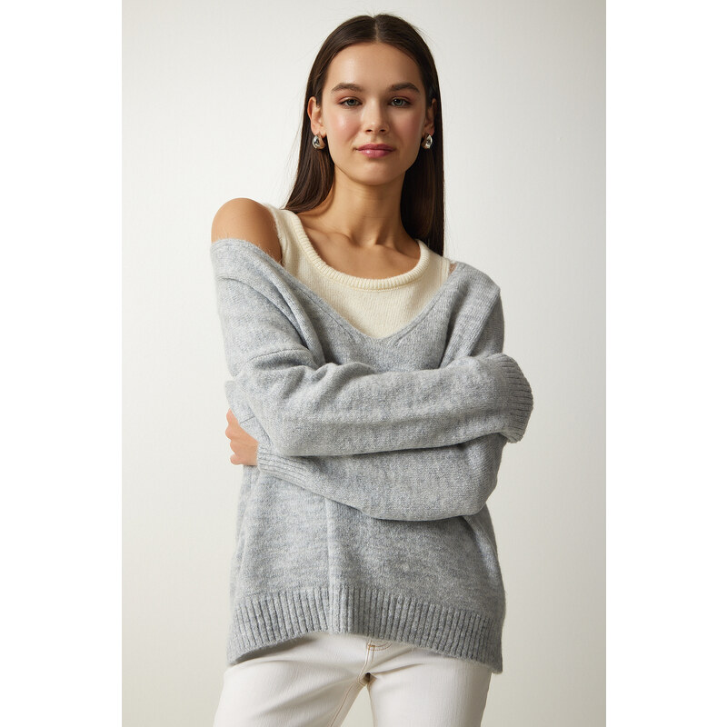 Happiness İstanbul Women's Gray Shirt Soft Textured Double Knitwear Sweater